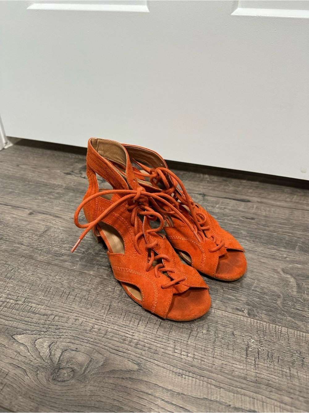 Qupid Lace-Up Open-Toe Heels in Orange Suede